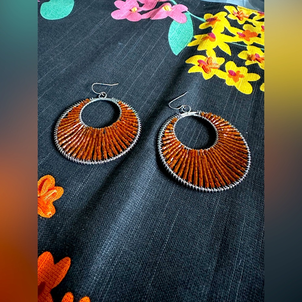 Orange Beaded Hoop Earrings
